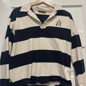 Zara Black and Cream Striped Long Sleeve Polo